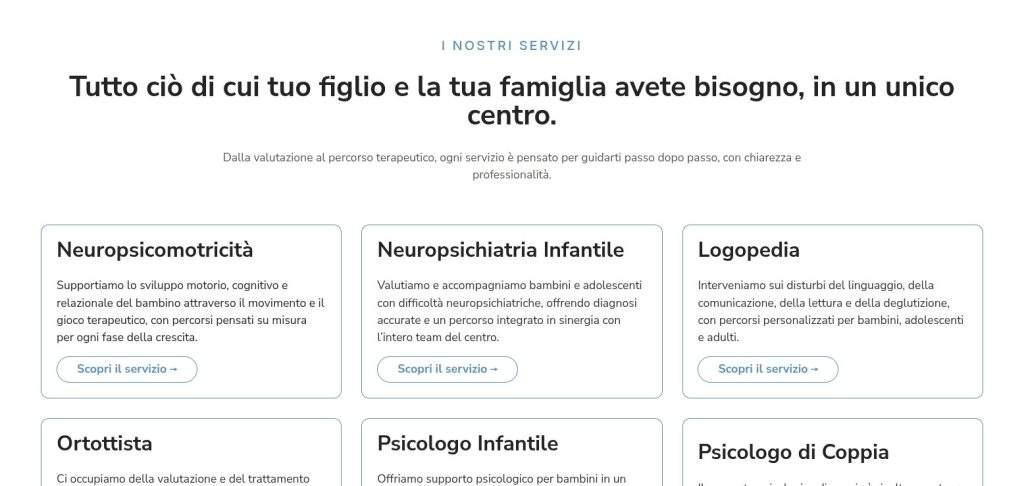 Sezione dei servizi del centro: neuropsicomotricità, logopedia, psicologia